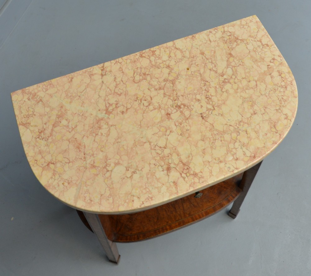 Continental Burr Walnut Marble Top Demi-Lune Console Table View IX
