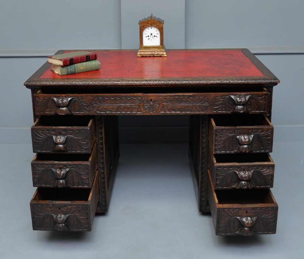 Victorian Carved Solid Oak Pedestal Desk View II