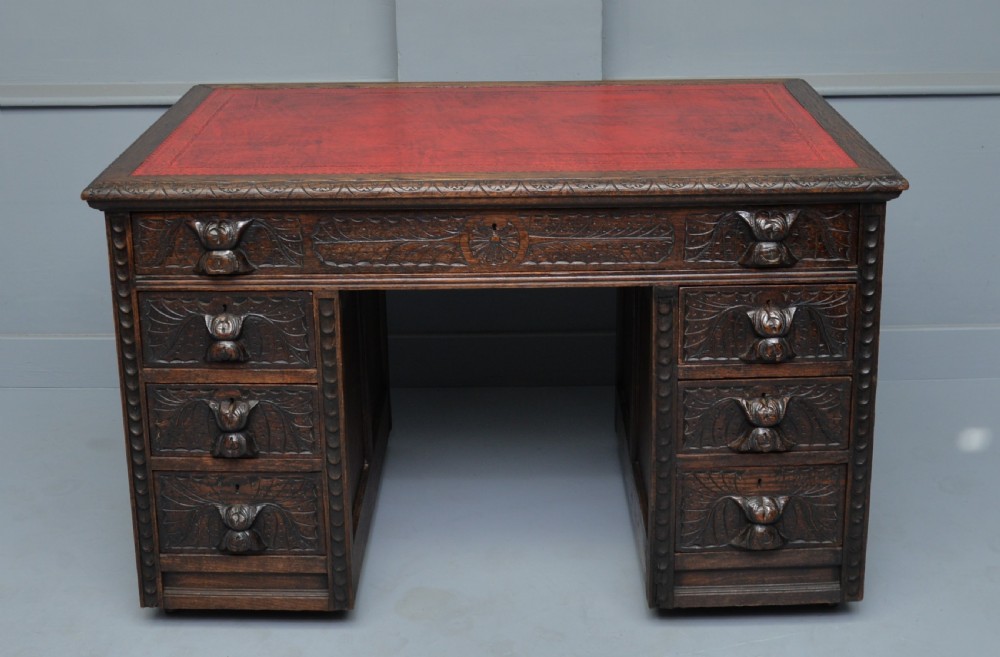 Victorian Carved Solid Oak Pedestal Desk View III