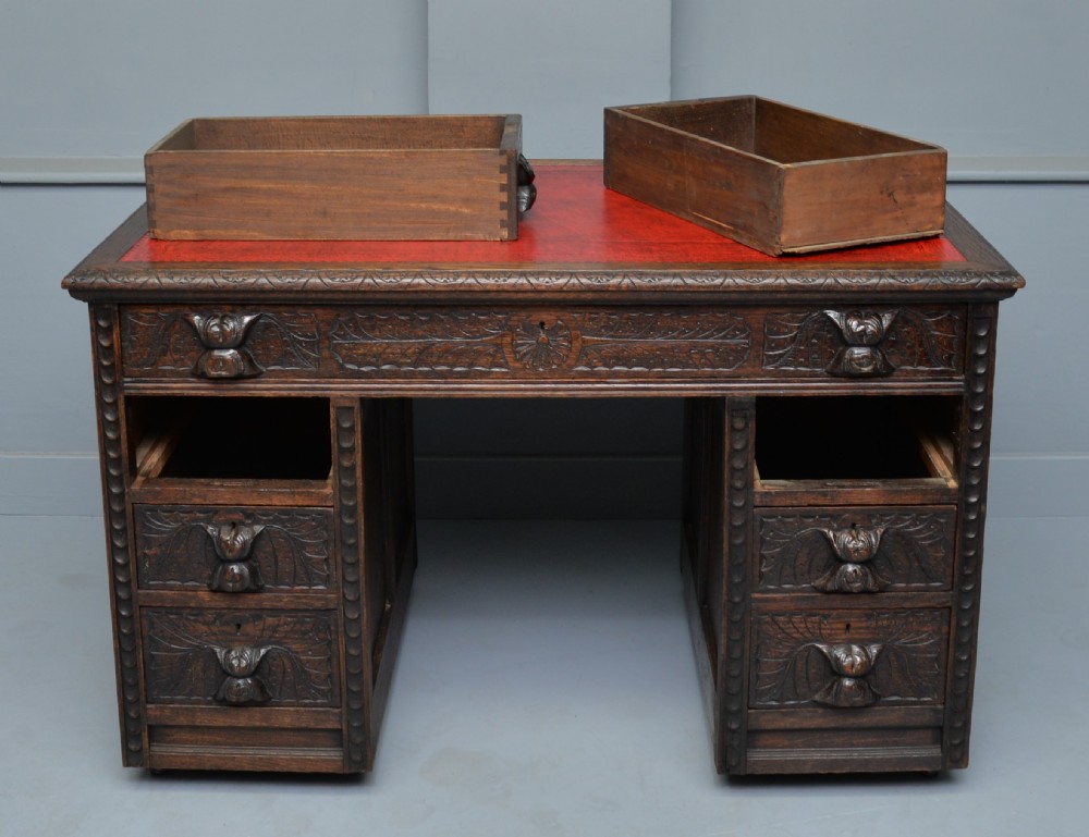 Victorian Carved Solid Oak Pedestal Desk View IV