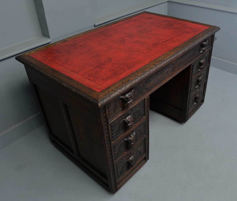 Victorian Carved Solid Oak Pedestal Desk View VII