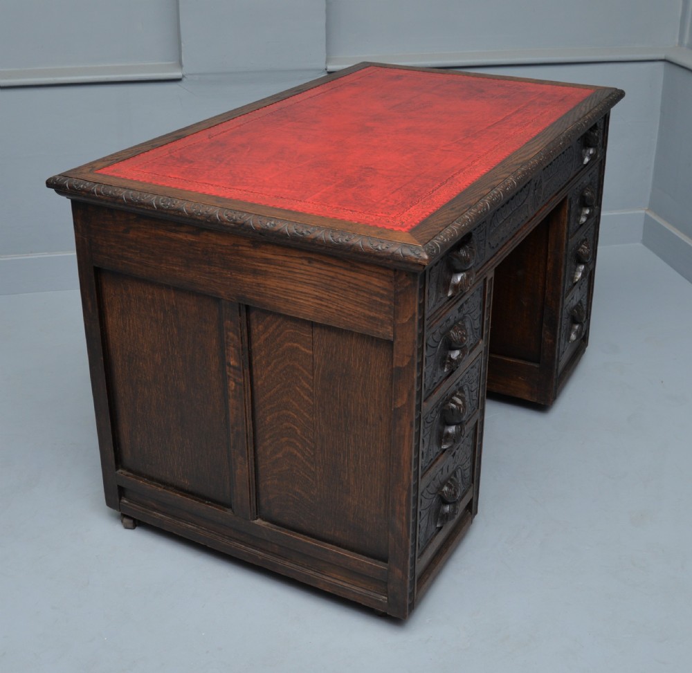 Victorian Carved Solid Oak Pedestal Desk View VIII