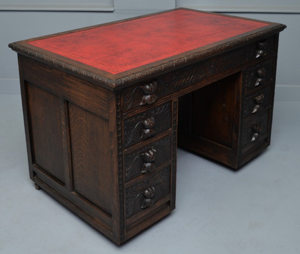 Victorian Carved Solid Oak Pedestal Desk View IX