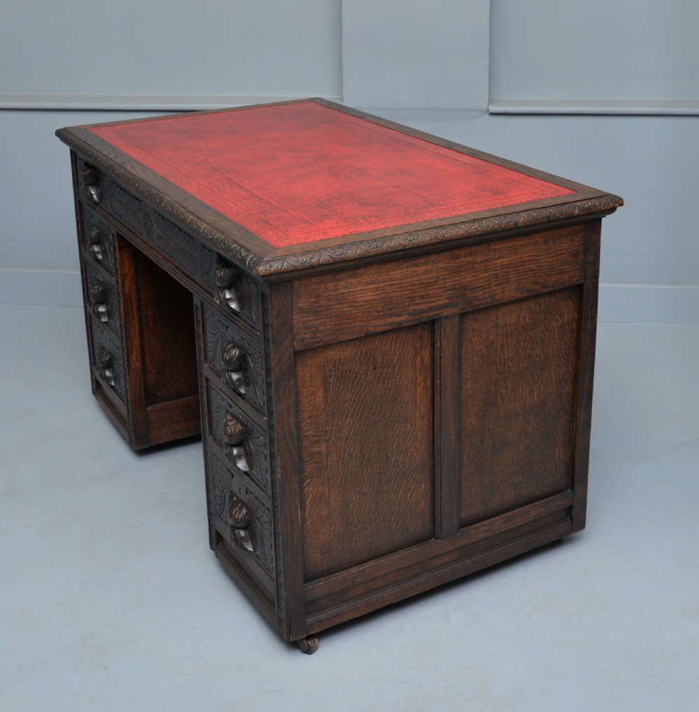 Victorian Carved Solid Oak Pedestal Desk View X