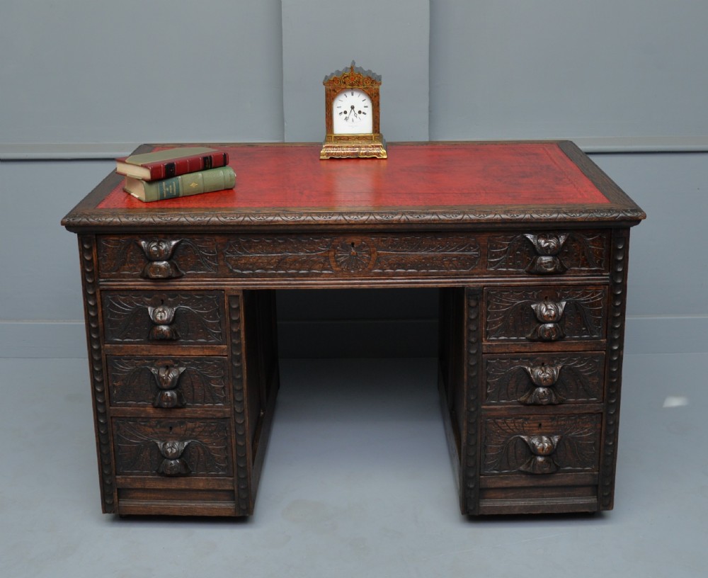 Victorian Carved Solid Oak Pedestal Desk View XII
