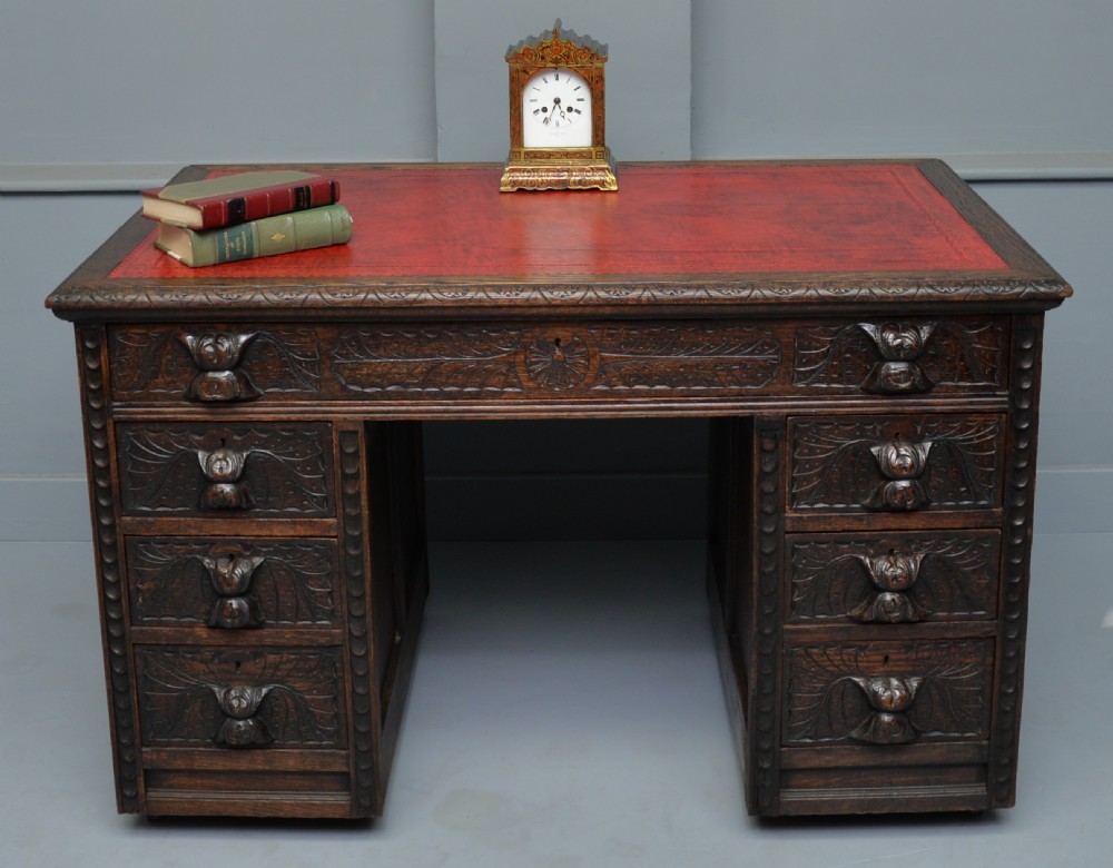 Victorian Carved Solid Oak Pedestal Desk View XIII