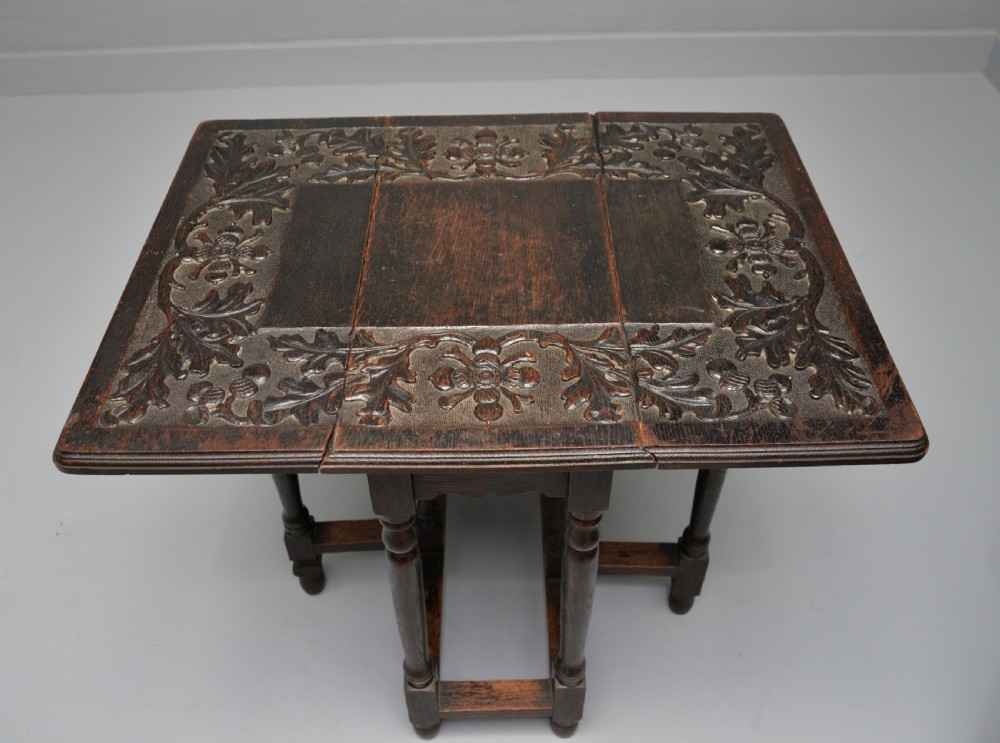 Carved Oak Leaf & Acorn Side Occasional Gate-Leg Table View IX