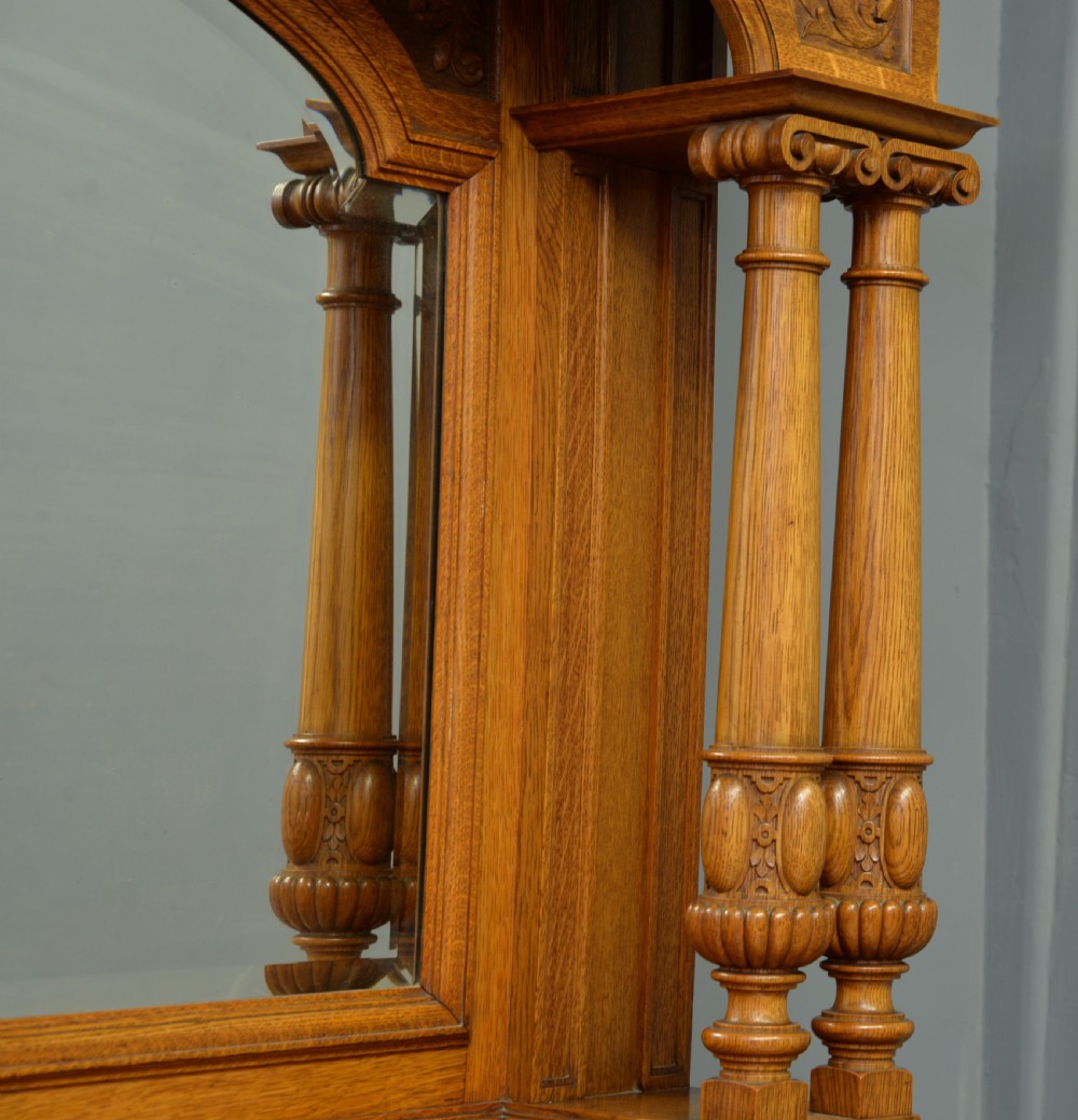 Edwardian Light Oak Carved Mirror-Back Sideboard View X