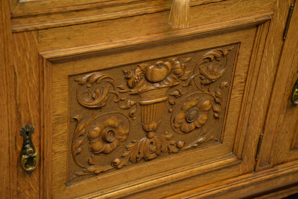 Edwardian Light Oak Carved Mirror-Back Sideboard View XI