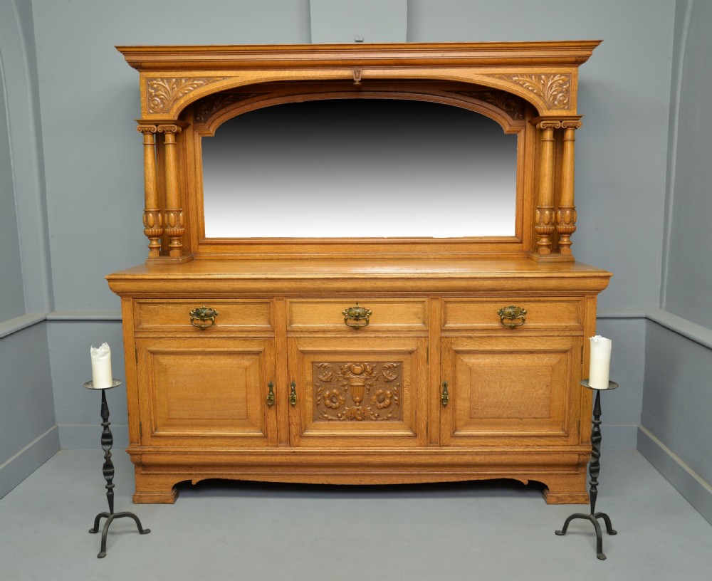Edwardian Light Oak Carved Mirror-Back Sideboard View XIV