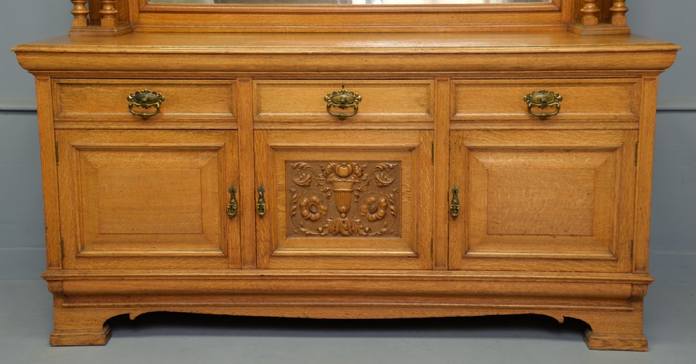 Edwardian Light Oak Carved Mirror-Back Sideboard View IV