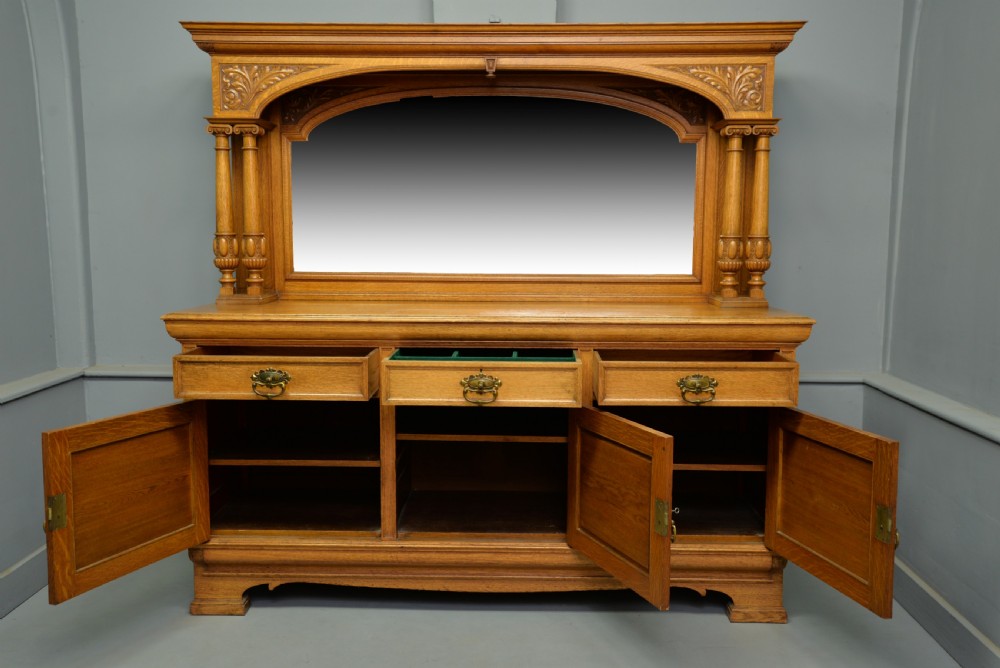 Edwardian Light Oak Carved Mirror-Back Sideboard View VIII