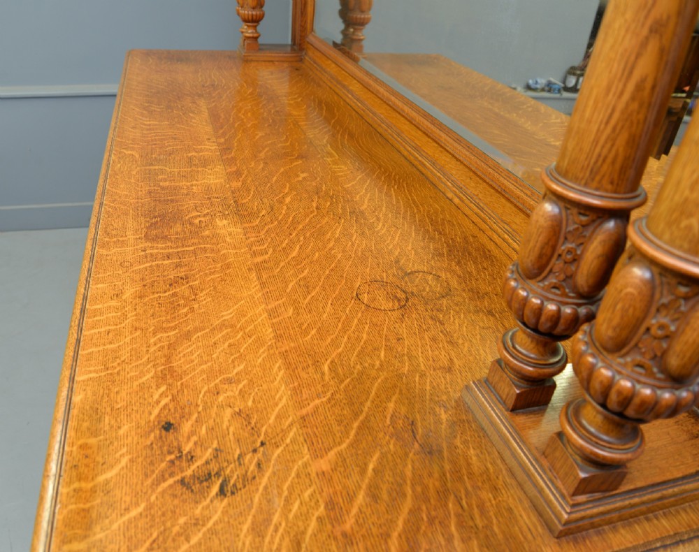 Edwardian Light Oak Carved Mirror-Back Sideboard View XV