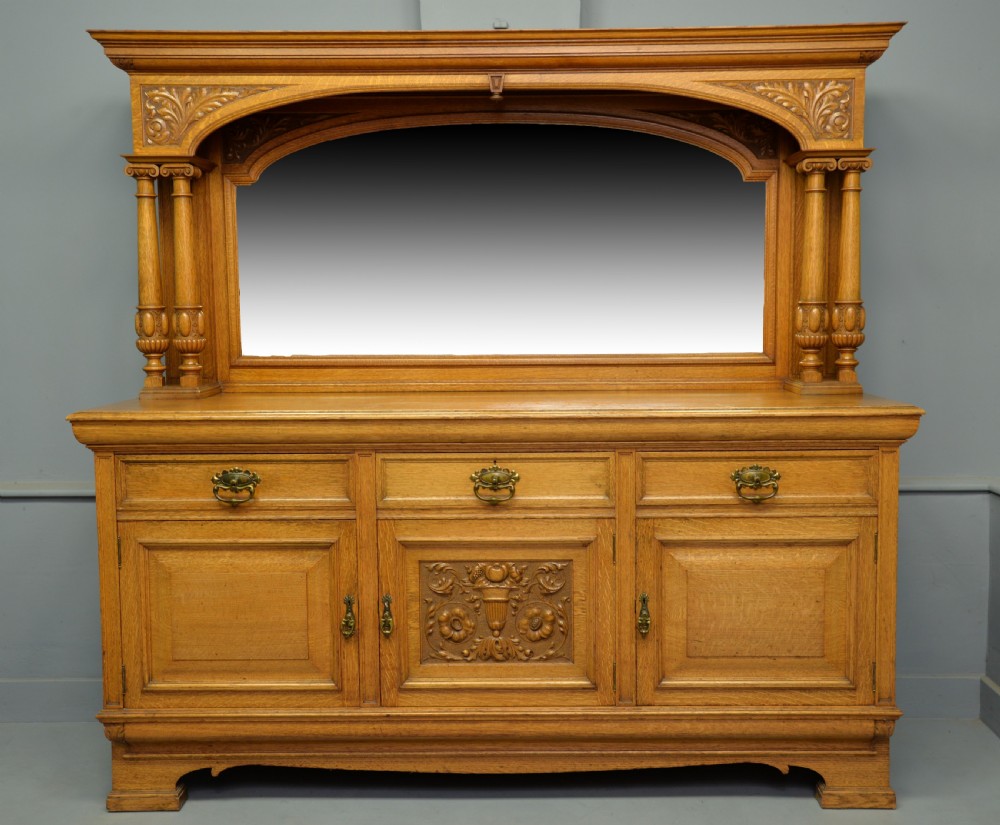 Edwardian Light Oak Carved Mirror-Back Sideboard View XVI