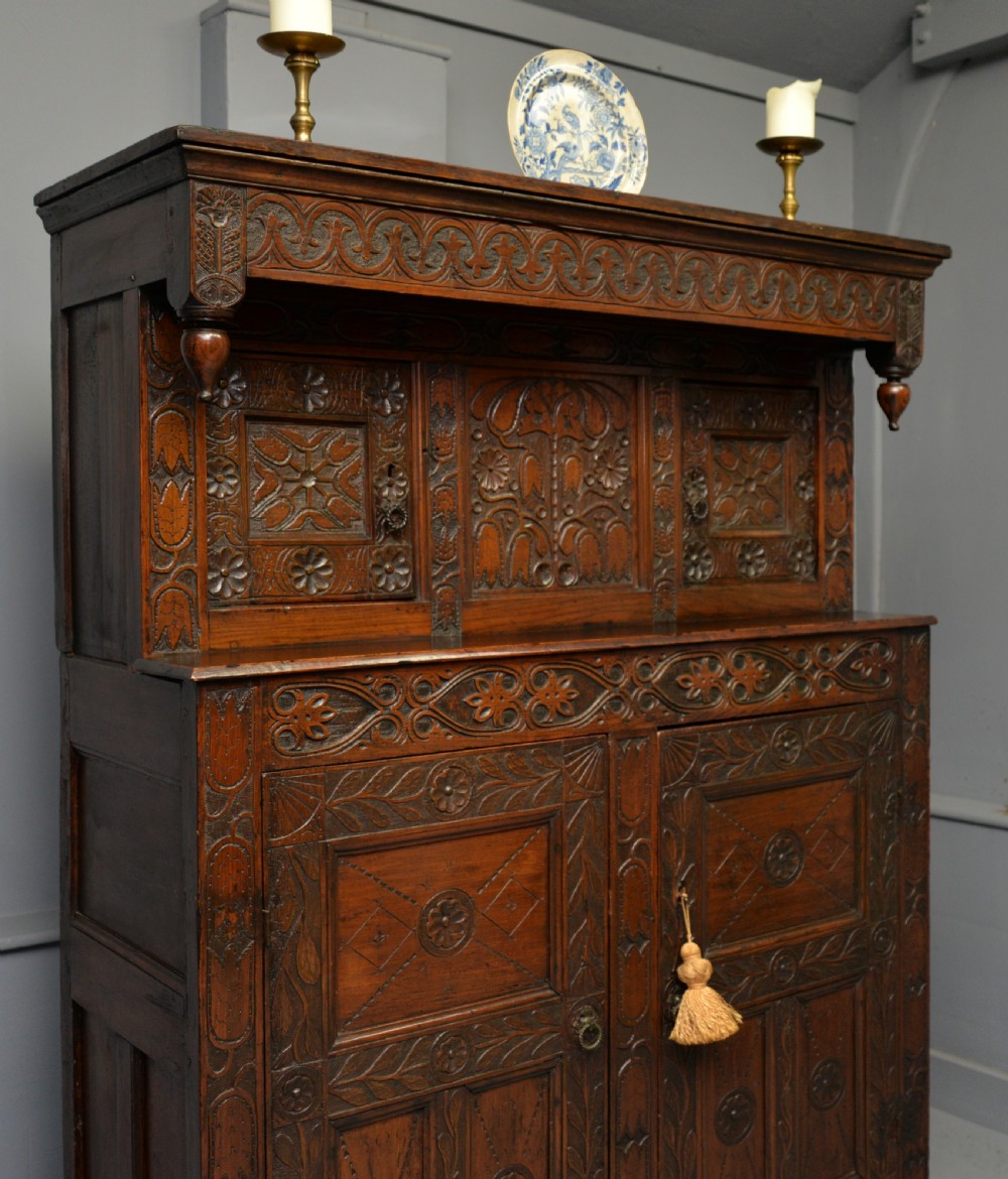 Profusely Carved Late 17th Century Oak Press Court Cupboard