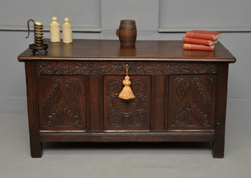 Charming 17th Century Carved Oak Coffer Chest
