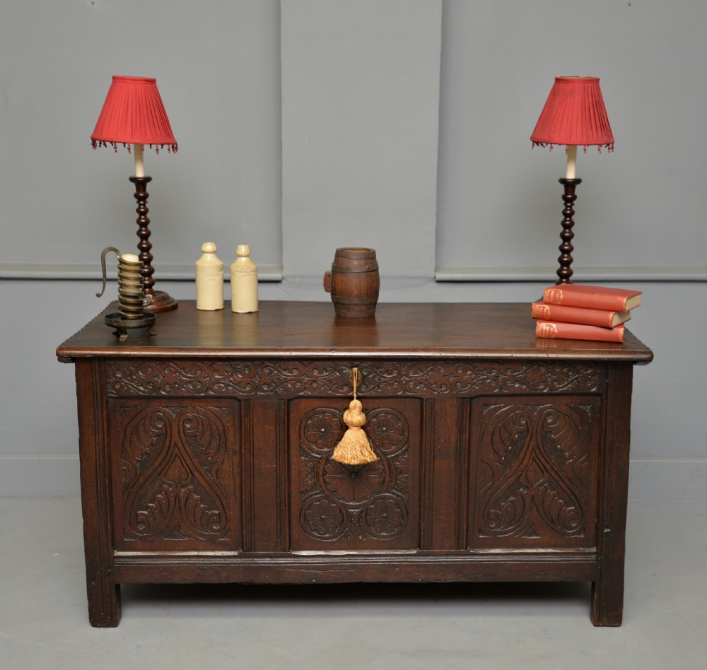 Charming 17th Century Carved Oak Coffer Chest View II