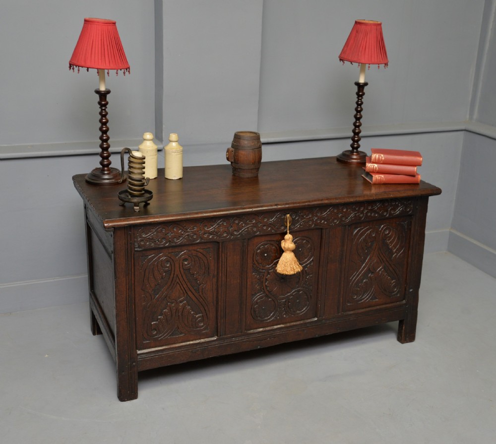 Charming 17th Century Carved Oak Coffer Chest View III