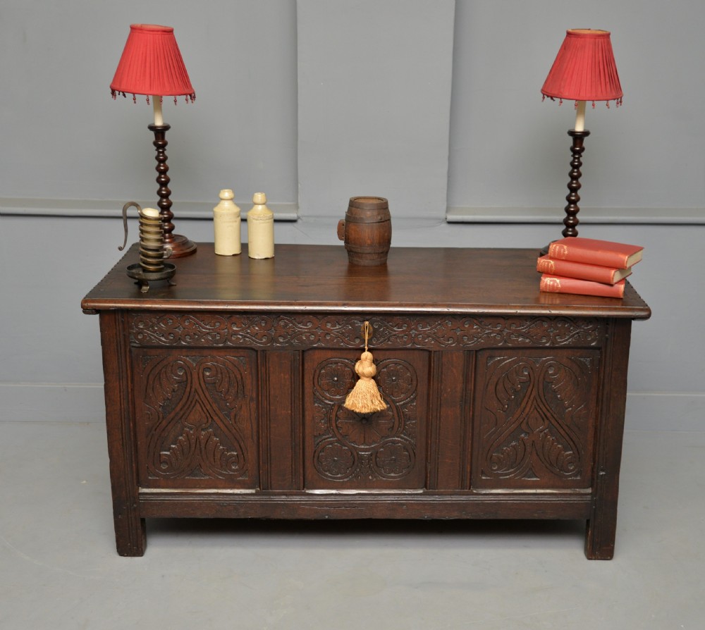Charming 17th Century Carved Oak Coffer Chest View V