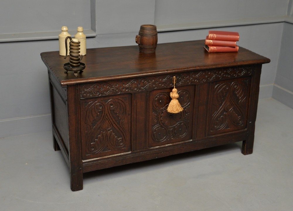 Charming 17th Century Carved Oak Coffer Chest View VI
