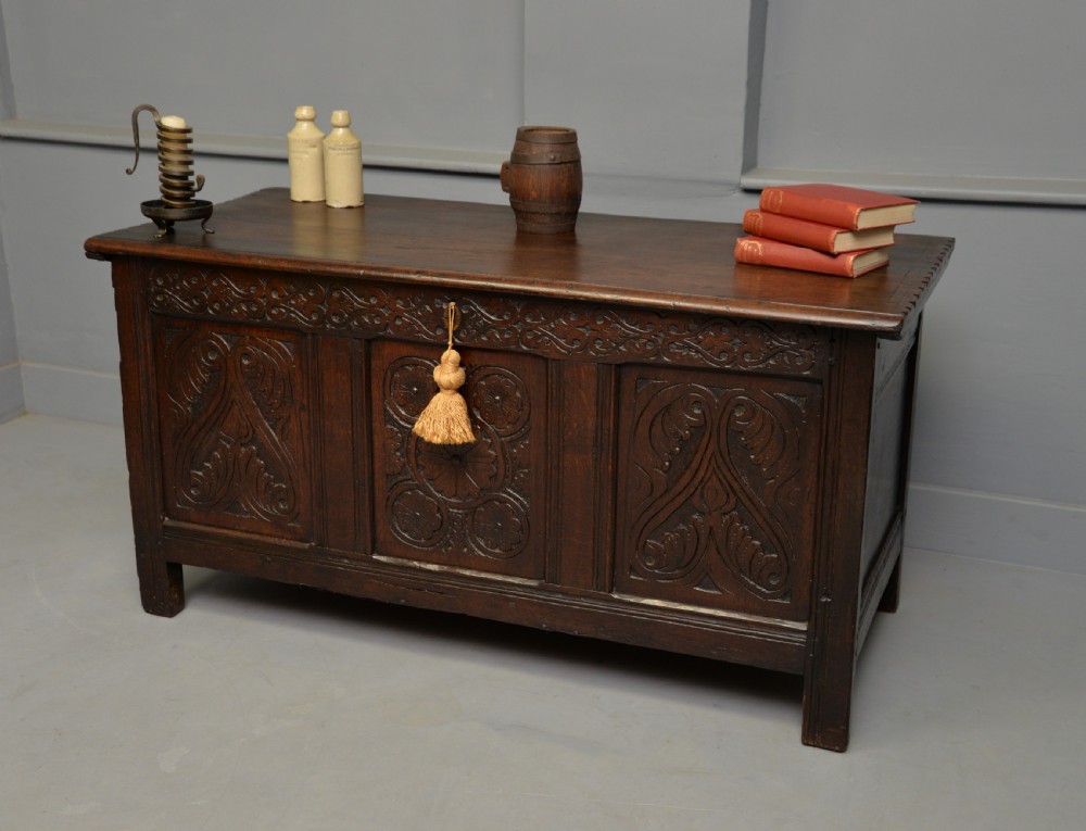 Charming 17th Century Carved Oak Coffer Chest View VII