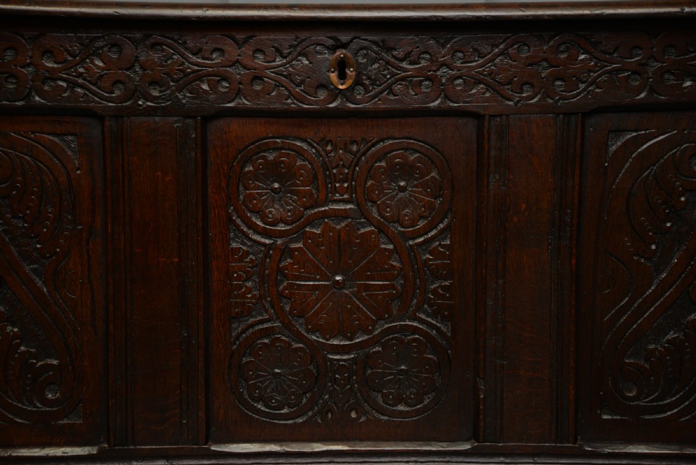 Charming 17th Century Carved Oak Coffer Chest View XIV