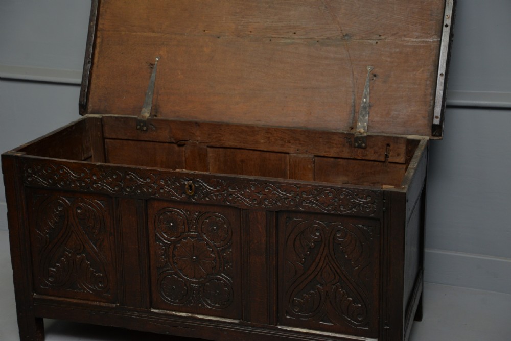 Charming 17th Century Carved Oak Coffer Chest View XVI