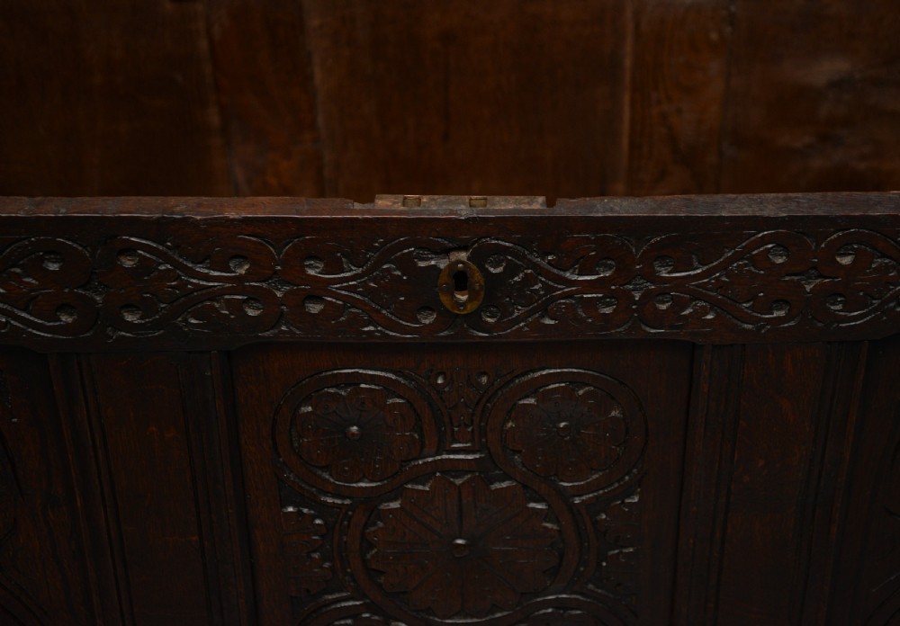 Charming 17th Century Carved Oak Coffer Chest View XVIII