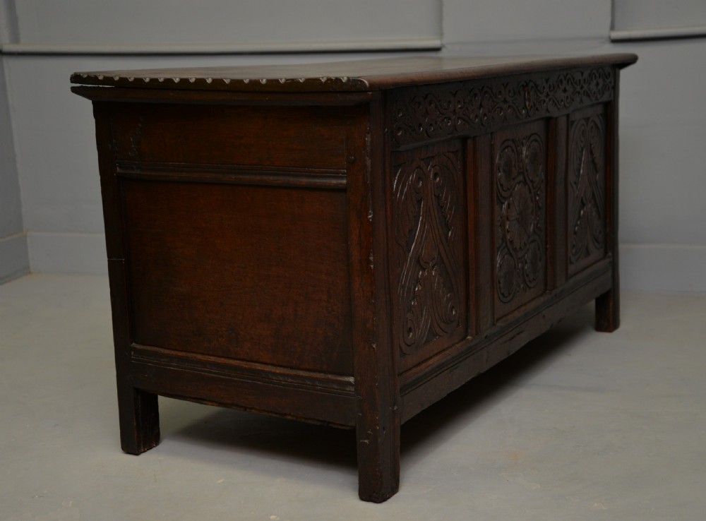 Charming 17th Century Carved Oak Coffer Chest View XIX