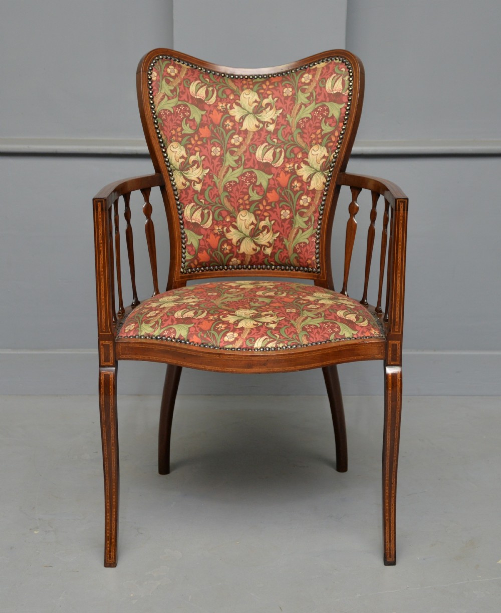 Elegant Edwardian Inlaid Mahogany Armchair William Morris Fabric View II