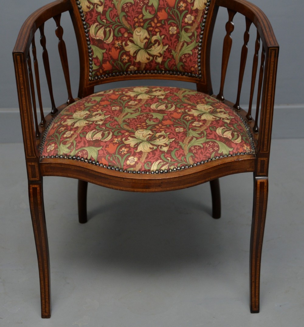 Elegant Edwardian Inlaid Mahogany Armchair William Morris Fabric View IV