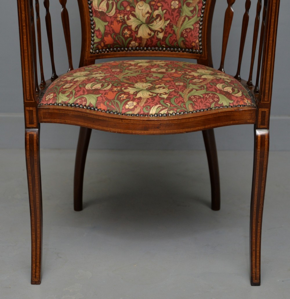 Elegant Edwardian Inlaid Mahogany Armchair William Morris Fabric View V