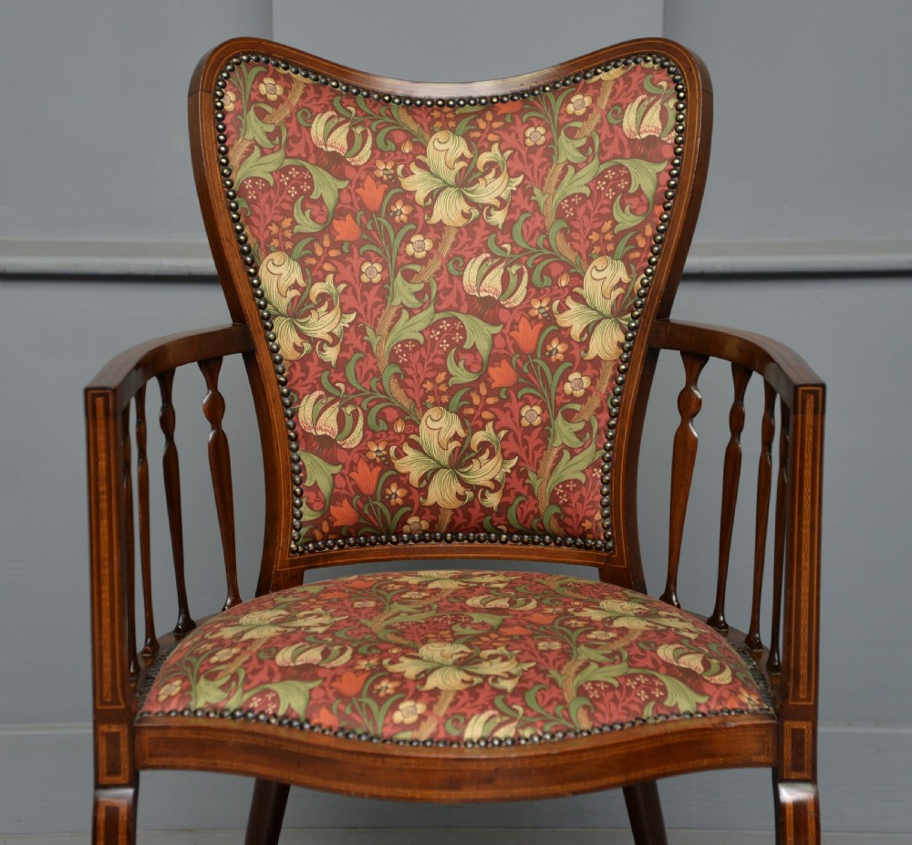 Elegant Edwardian Inlaid Mahogany Armchair William Morris Fabric View VI