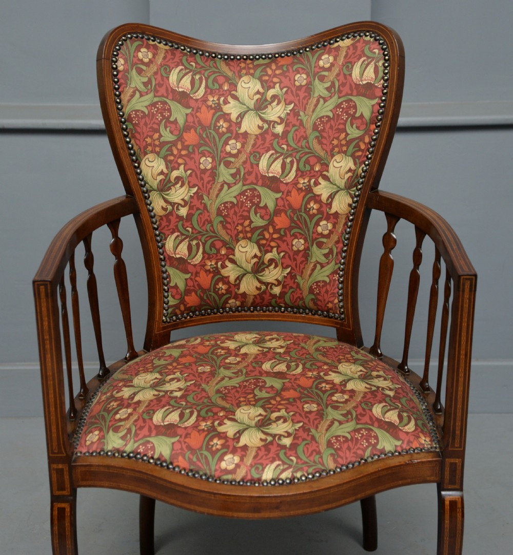 Elegant Edwardian Inlaid Mahogany Armchair William Morris Fabric View VII