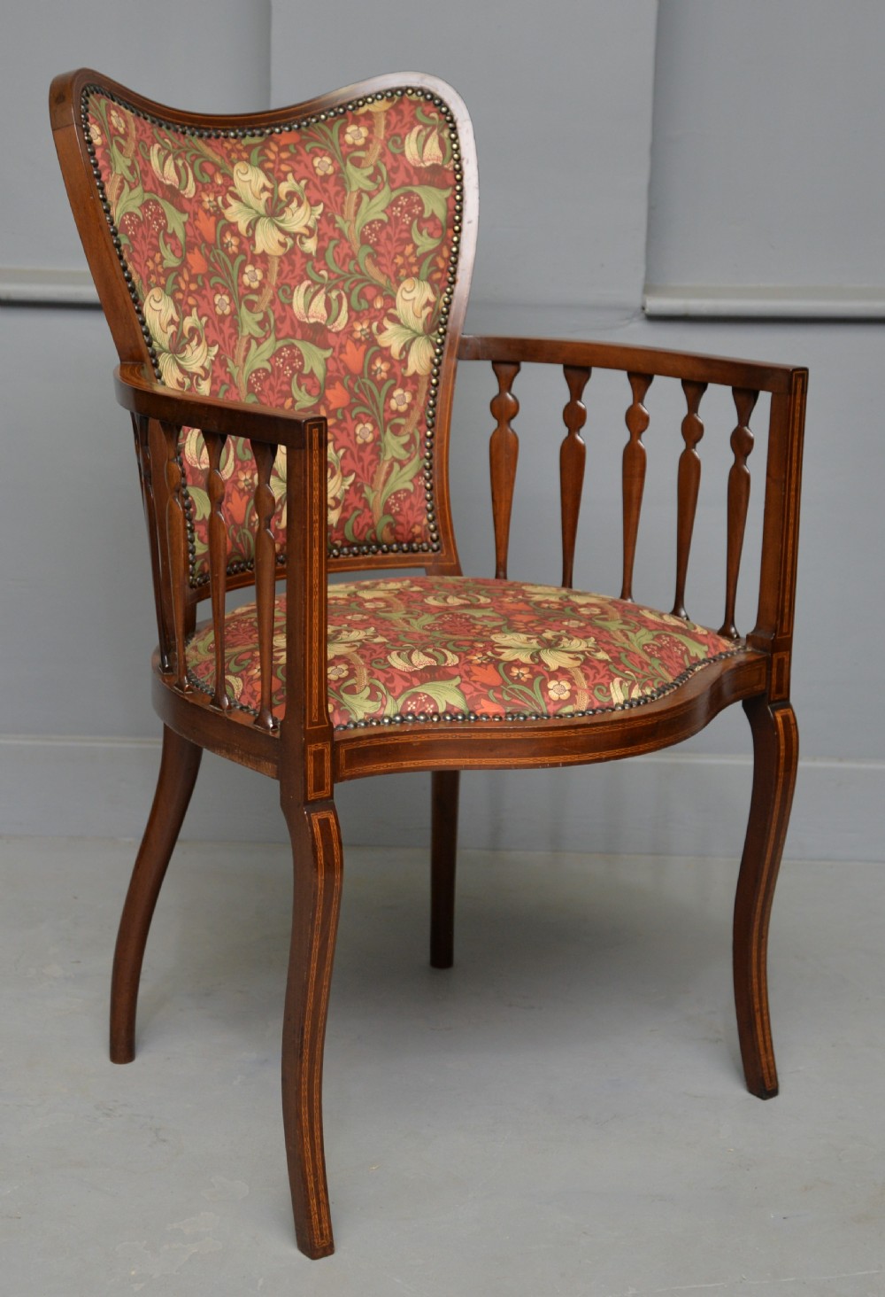 Elegant Edwardian Inlaid Mahogany Armchair William Morris Fabric View VIII