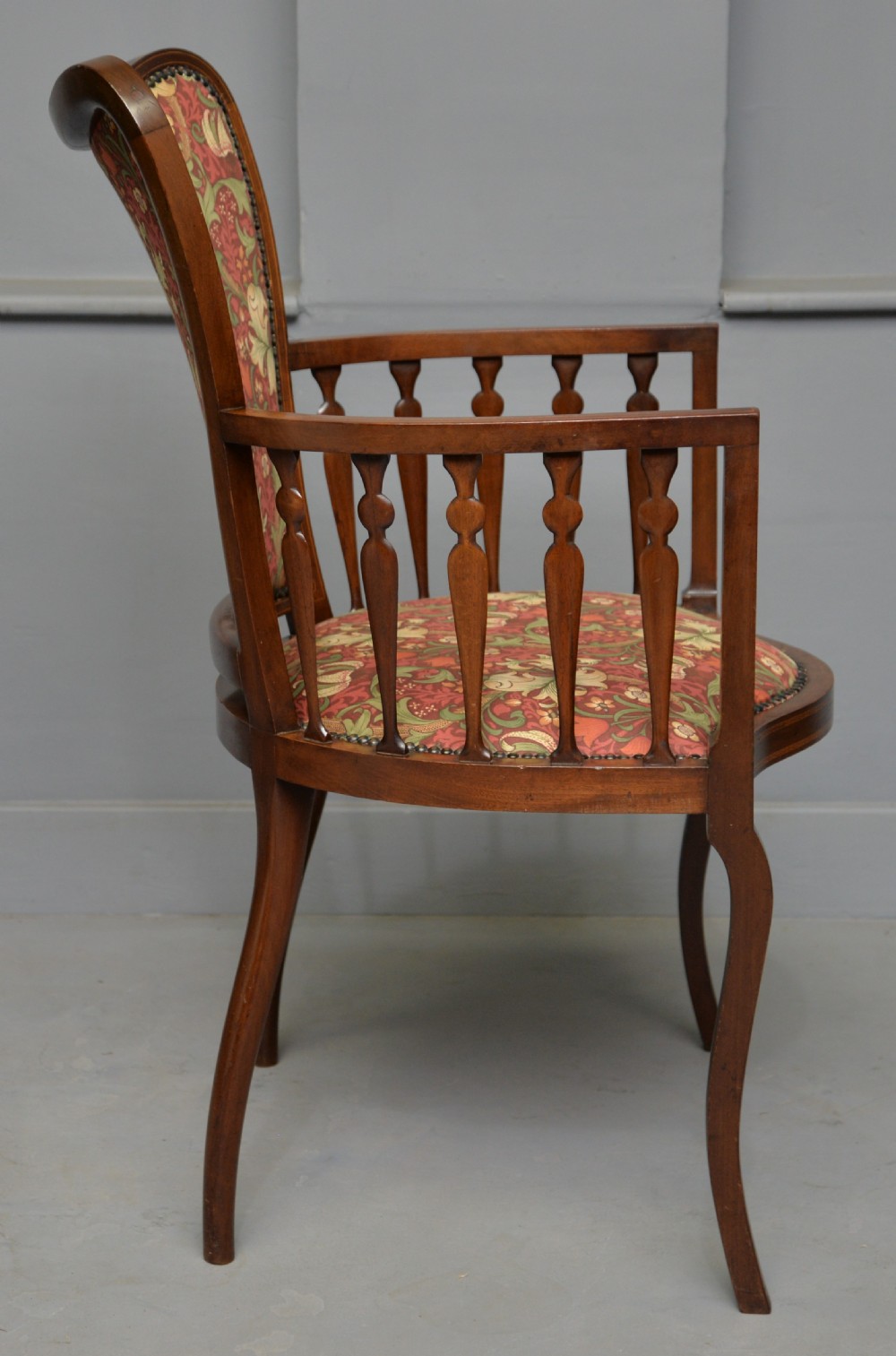 Elegant Edwardian Inlaid Mahogany Armchair William Morris Fabric View IX