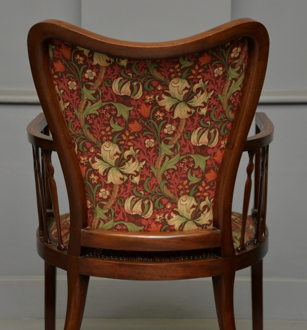 Elegant Edwardian Inlaid Mahogany Armchair William Morris Fabric View XI