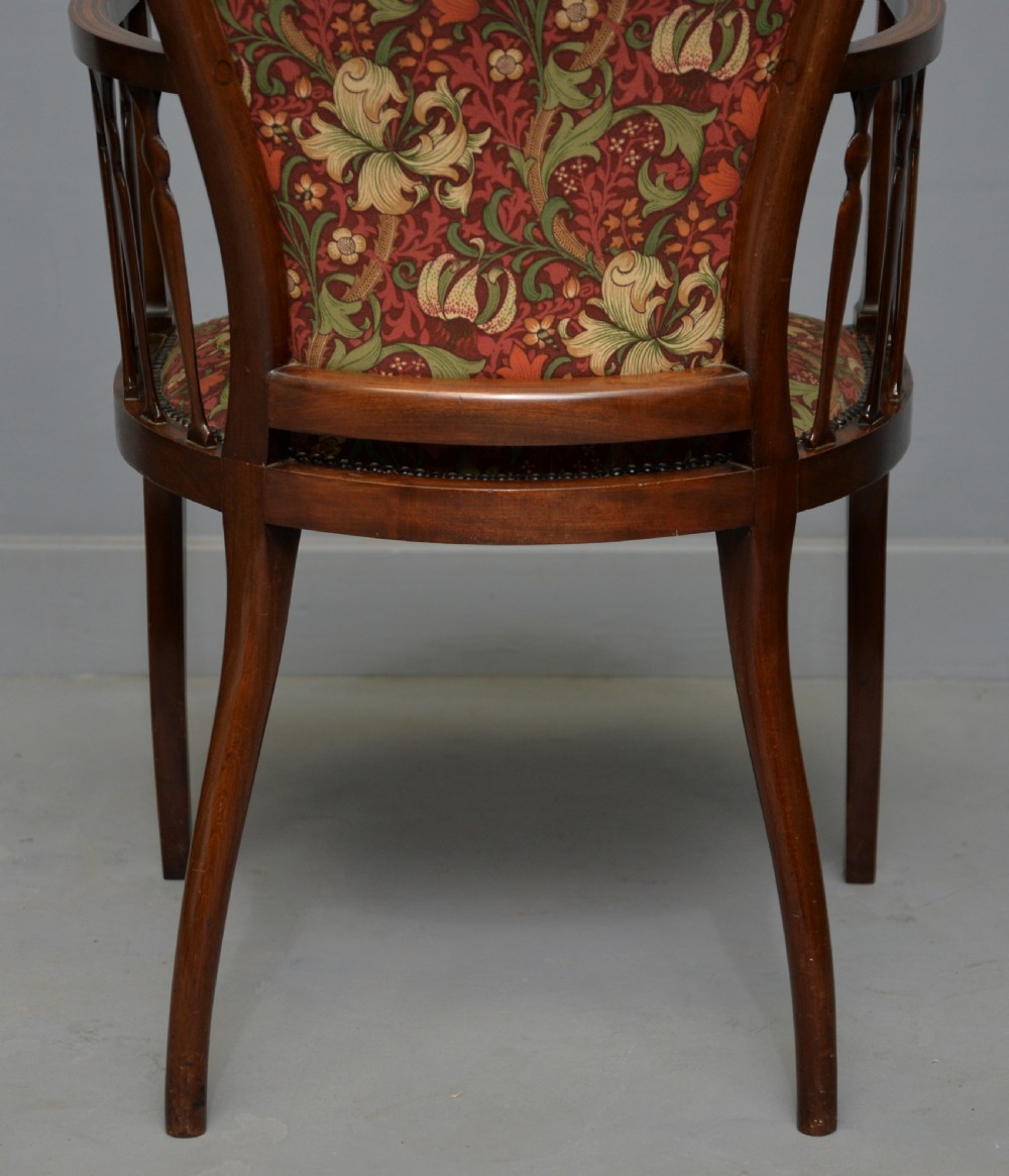 Elegant Edwardian Inlaid Mahogany Armchair William Morris Fabric View XII