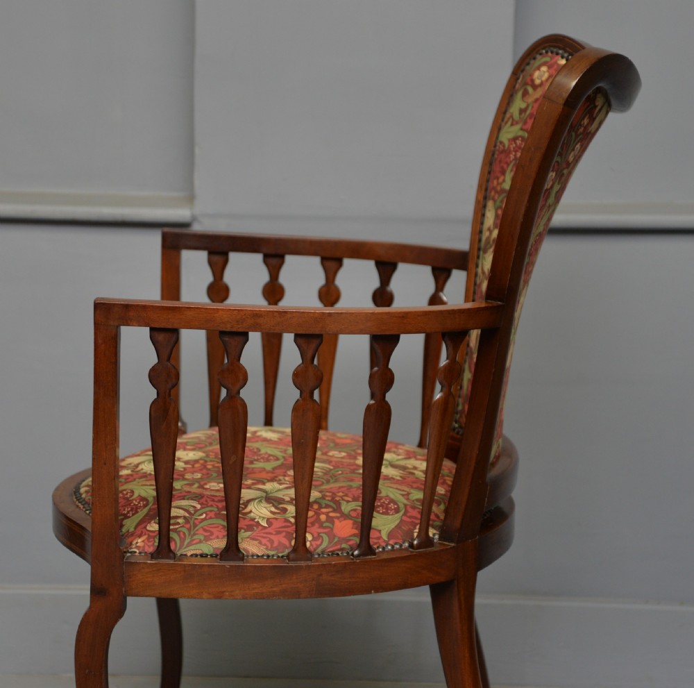 Elegant Edwardian Inlaid Mahogany Armchair William Morris Fabric View XIII