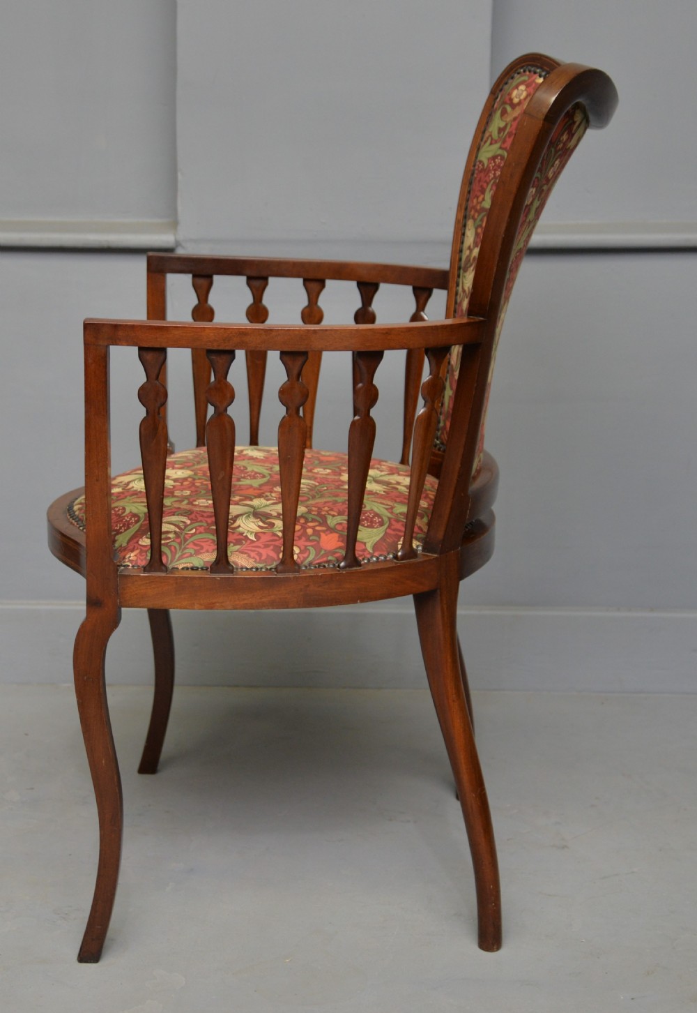 Elegant Edwardian Inlaid Mahogany Armchair William Morris Fabric View XV