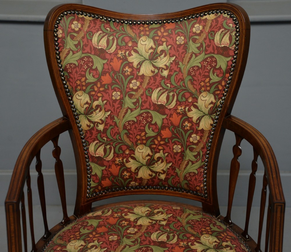 Elegant Edwardian Inlaid Mahogany Armchair William Morris Fabric View XVI