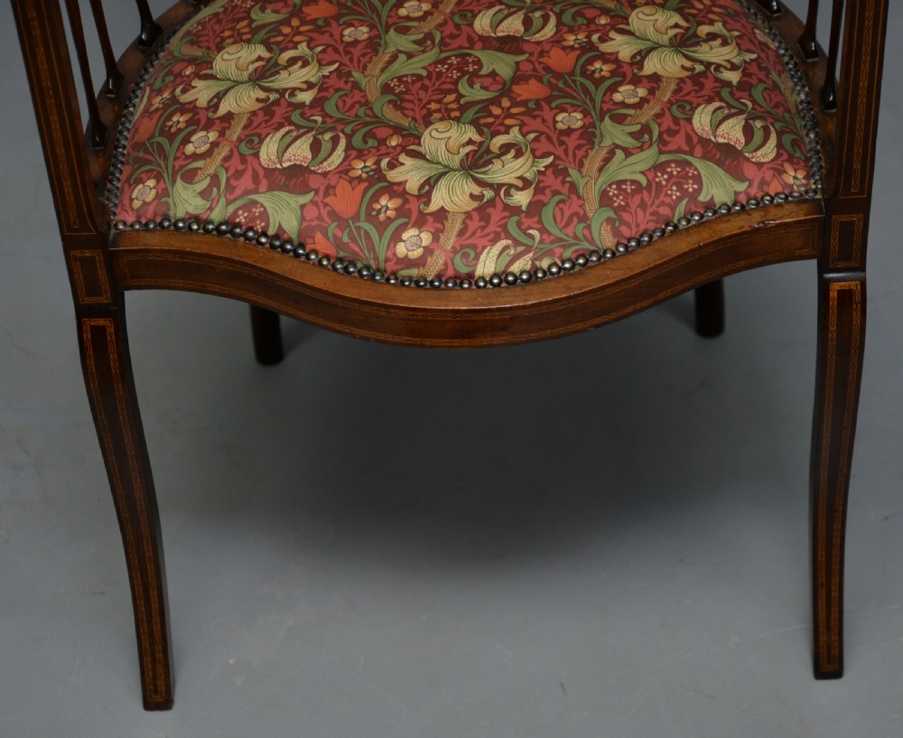 Elegant Edwardian Inlaid Mahogany Armchair William Morris Fabric View XVII