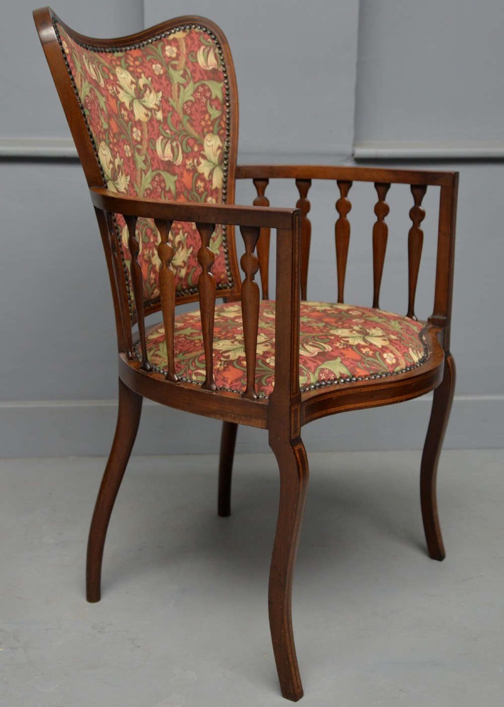 Elegant Edwardian Inlaid Mahogany Armchair William Morris Fabric View XVIII