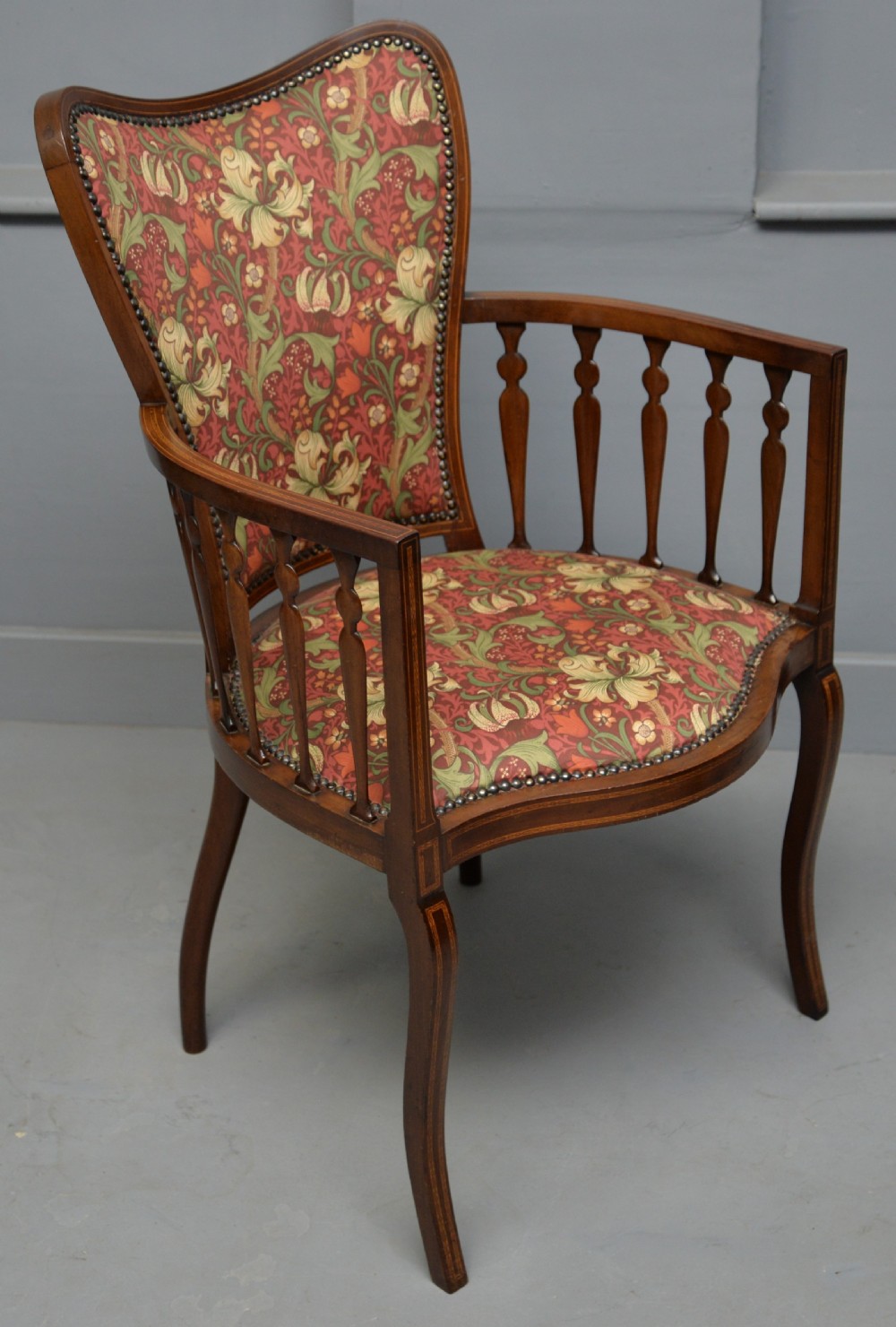 Elegant Edwardian Inlaid Mahogany Armchair William Morris Fabric View XIX
