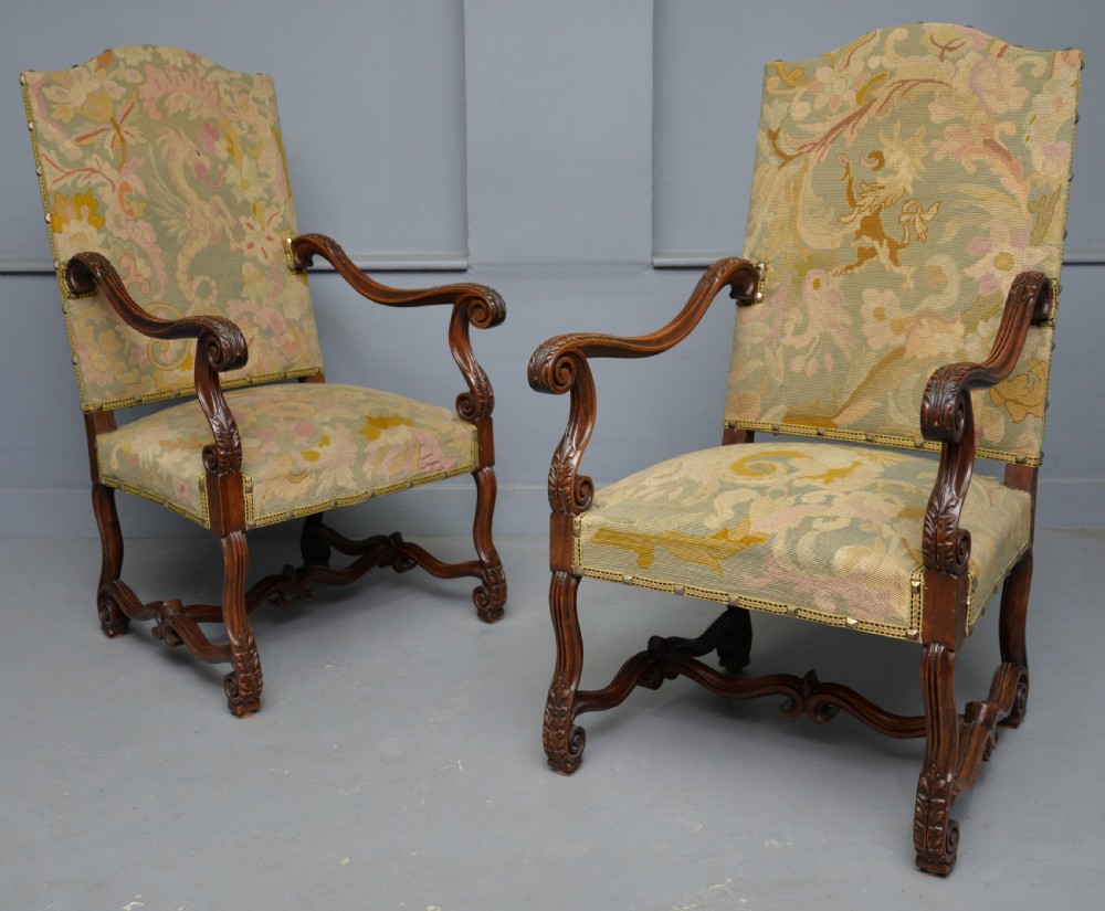 Pair Of Louis XIII Style Walnut Armchairs With Tapestry Upholstery