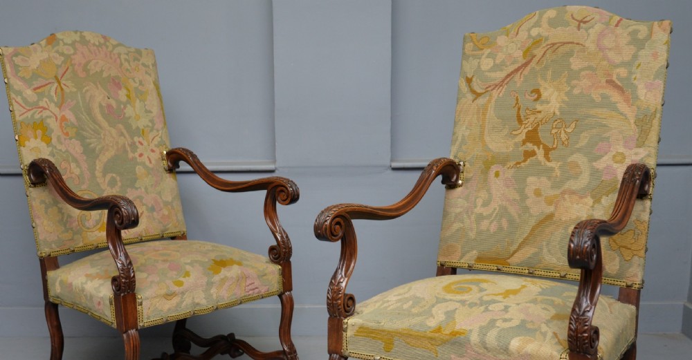 Pair Of Louis XIII Style Walnut Armchairs With Tapestry Upholstery View II