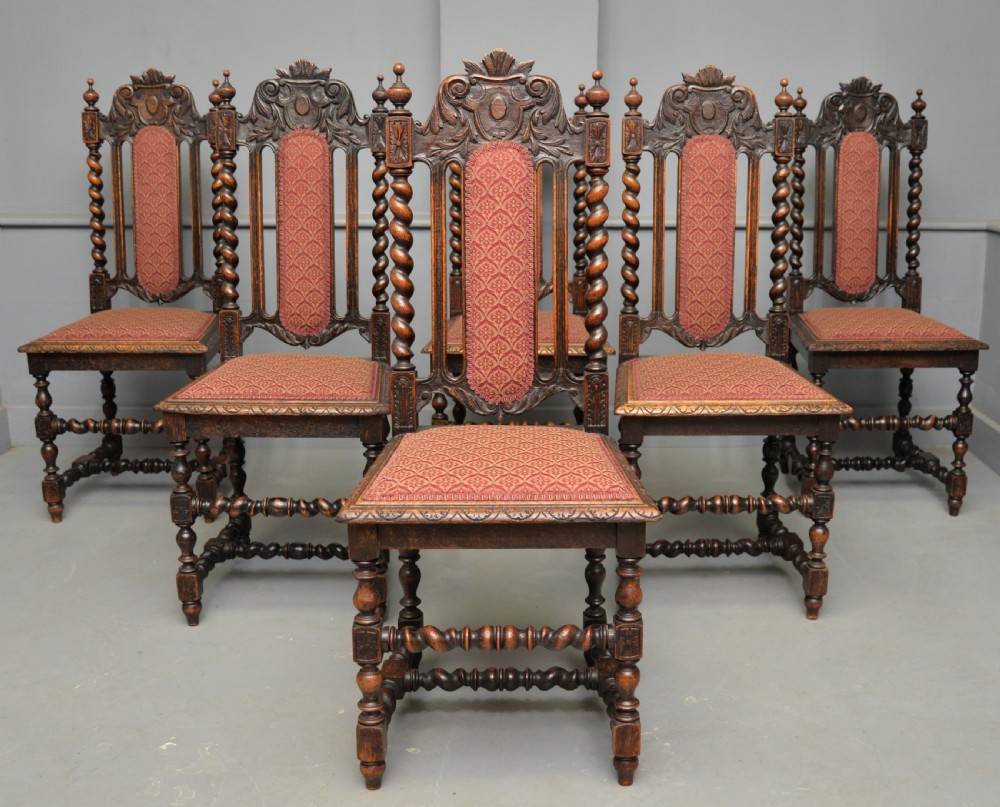 Set Of Six Carolean / Jacobean Style Carved Oak Dining Chairs