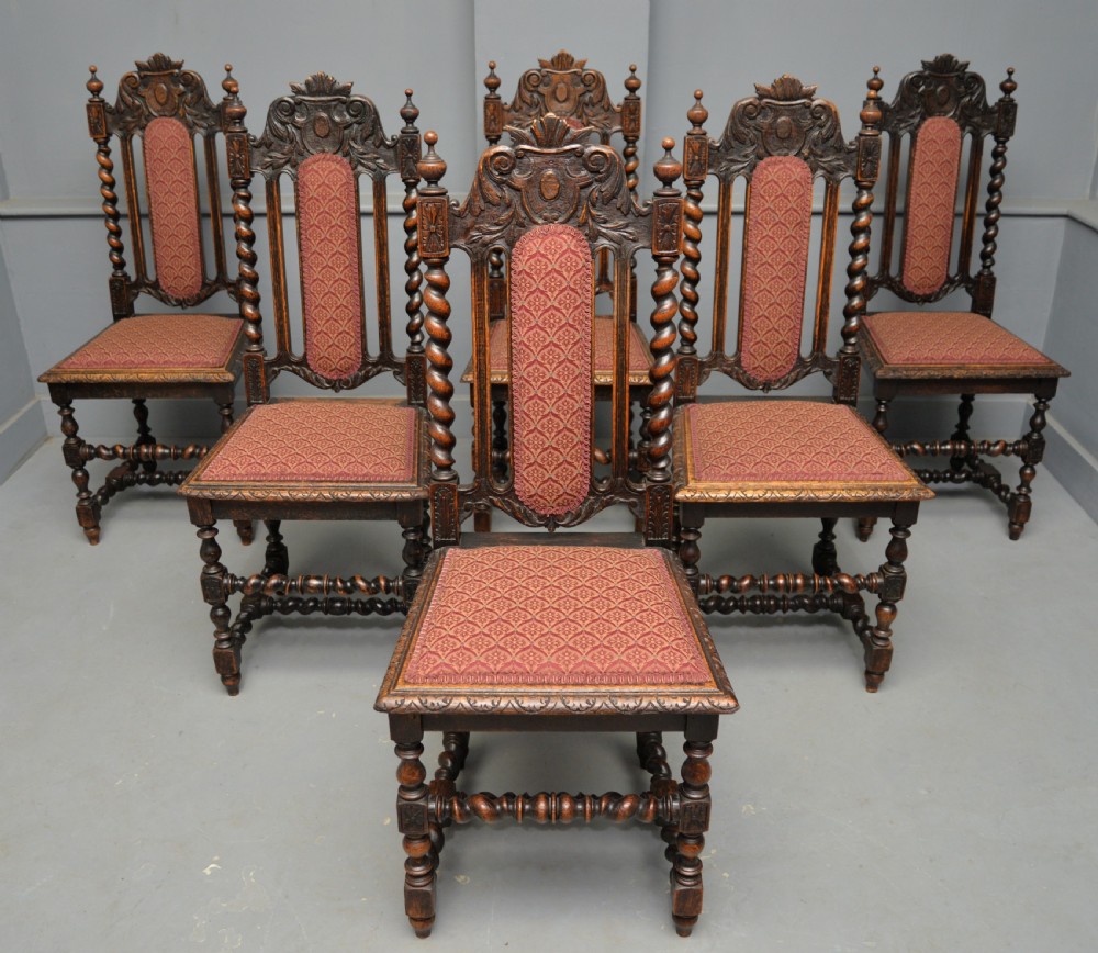 Set Of Six Carolean / Jacobean Style Carved Oak Dining Chairs View IV