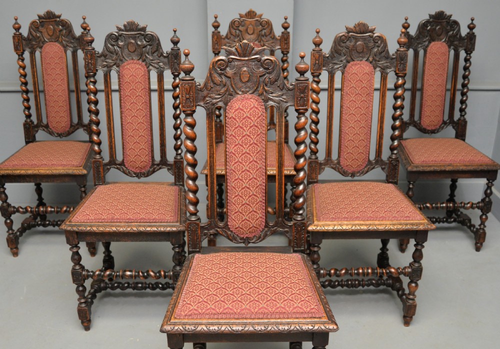 Set Of Six Carolean / Jacobean Style Carved Oak Dining Chairs View V