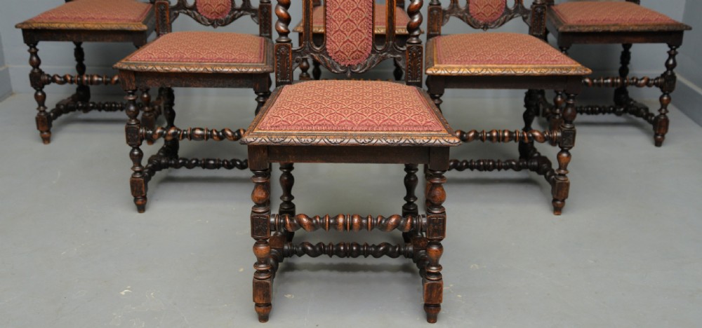 Set Of Six Carolean / Jacobean Style Carved Oak Dining Chairs View VI